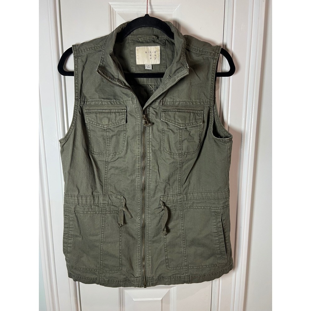 A New Day Womens Utility Vest Olive Green Cotton Full Zip Drawstring Waist M